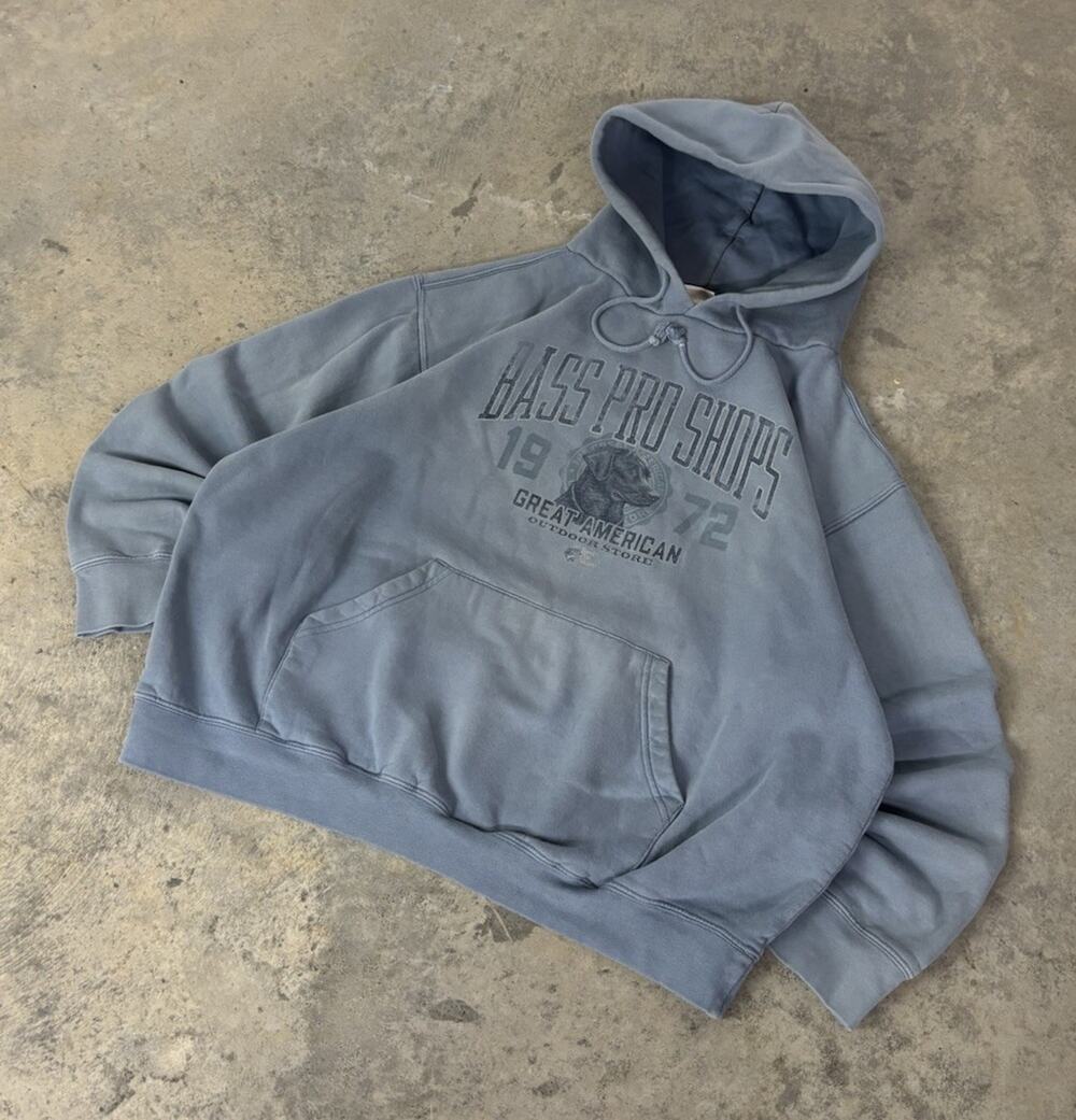 Vintage Bass Pro Shop Boxy Fit Blue Hoodie Mens XL Sun Faded